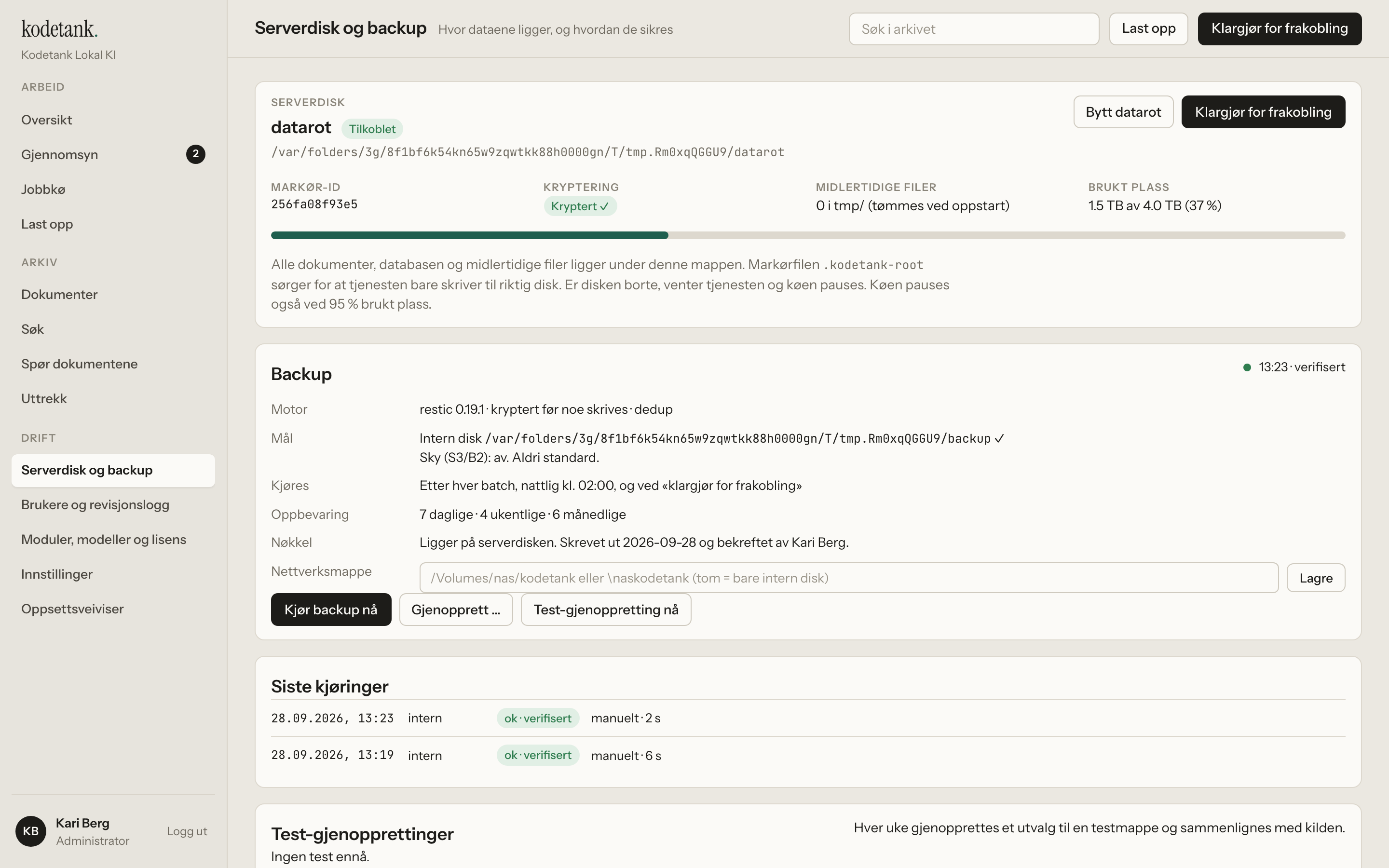 Serverdisk og backup: markørfil, kryptering, backup-mål og test-gjenopprettinger